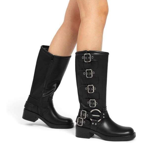 Women's Black-zipper Dream Pairs Knee High Riding Side Zipper Chunky Heel Boots - Picture 8 of 9